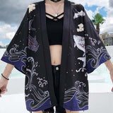 Kimono cardigan court motifs japonais femme noir