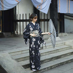 Kimono femme long japonais noir fleuri
