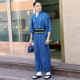 Kimono homme japonais bleu rayé avec ceinture obi