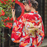 Kimono japonais femme motifs grue ceinture obi