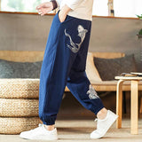 Pantalon japonais homme motif carpe koï bleu marine