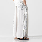 Pantalon large style japonais blanc motif grue
