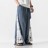 Pantalon large style japonais bleu ciel motif grue