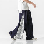 Pantalon large style japonais bleu marine motif grue