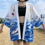 Veste kimono femme été blanc dessin grue